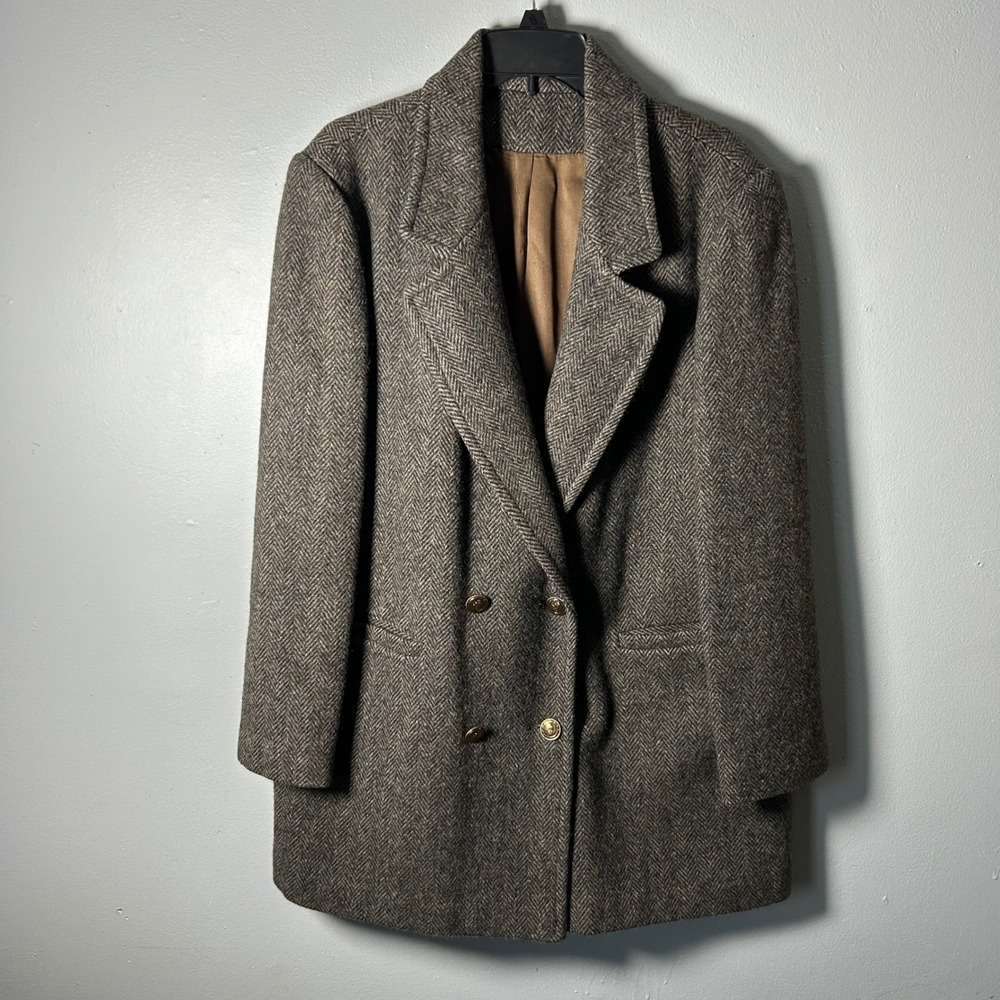 Vintage Pure Wool Herringbone Brown Double Breasted Coat Crest Button 15/16